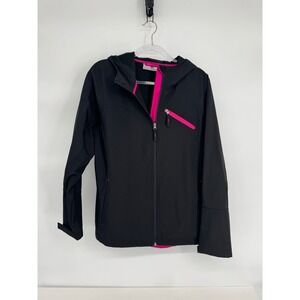 FreeTech Womens Softshell Jacket Black Pink Hooded Full Zip Active Coat Sz 2X